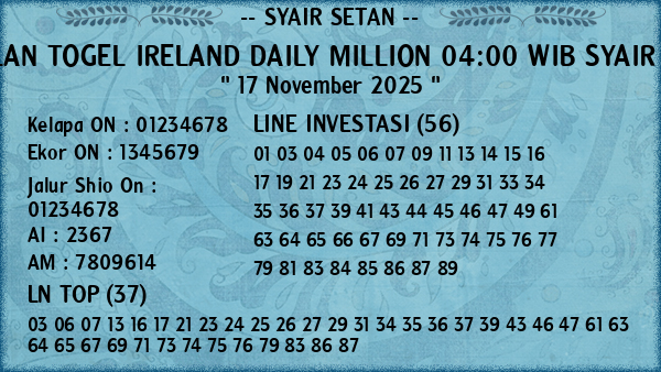 Prediksi Ireland Daily Million 04:00 WIB
